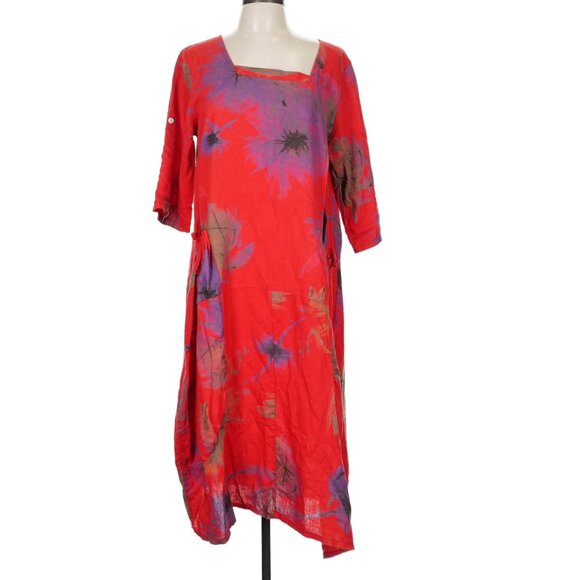 CRISTINA VERGANI Women's Floral Red Purple Linen Cotton Square Neck Dress Size M - Picture 1 of 16